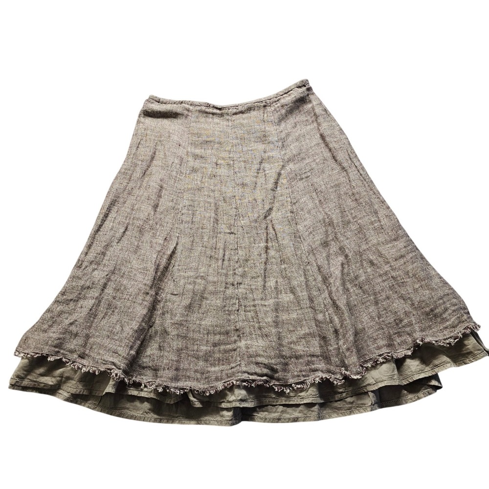 Eileen Fisher Linen Flared Midi Skirt Womens XS Brown Italian Fabric Tiered Hem